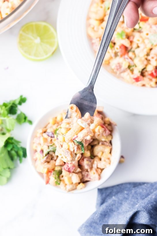 Overhead view of the light, healthy, and delicious Mexican Street Corn Pasta Salad.