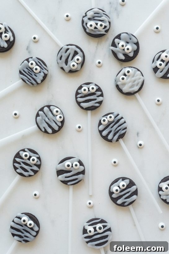 Finished Cute Halloween Mummy Oreo Pops, ready to delight kids and adults.