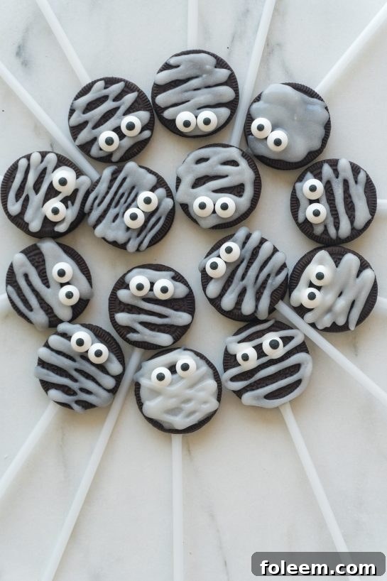 Final shot of Halloween Mummy Oreo Pops, showcasing their appeal for both kids and adults.