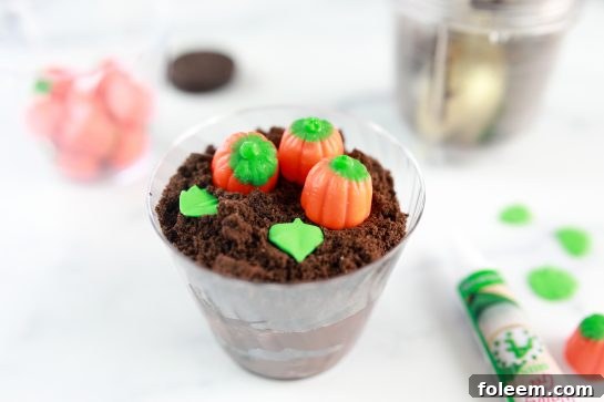 Cute little Pumpkin Patch Dirt Cups are an adorable, kid-friendly dessert for fall, Thanksgiving and Halloween parties!