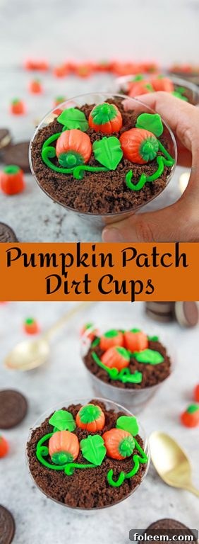 Adorable Pumpkin Patch Dirt Cups, a cute and kid-friendly dessert for fall, Thanksgiving, and Halloween parties, displayed attractively.