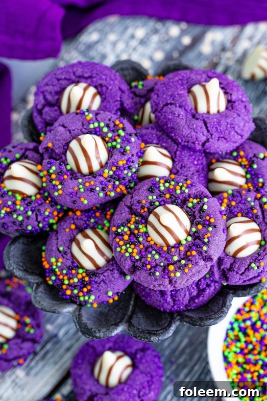 A single deep purple Halloween Witch Hat Cookie, perfect for a fall or spooky party.