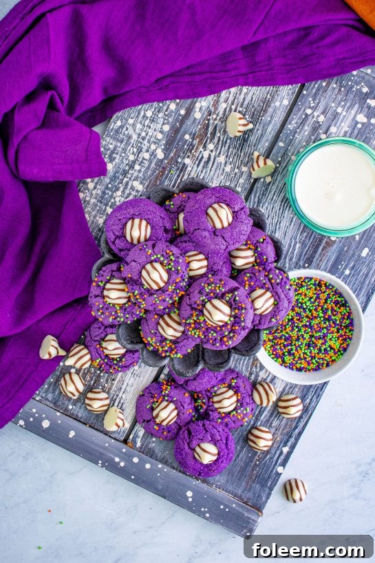 Overhead view of a tray of finished Halloween Witch Hat Cookies, ready to be enjoyed.