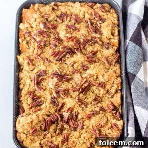 Quick and Easy Sweet Potato French Toast Casserole recipe out of the oven and ready to be served for Thanksgiving dinner