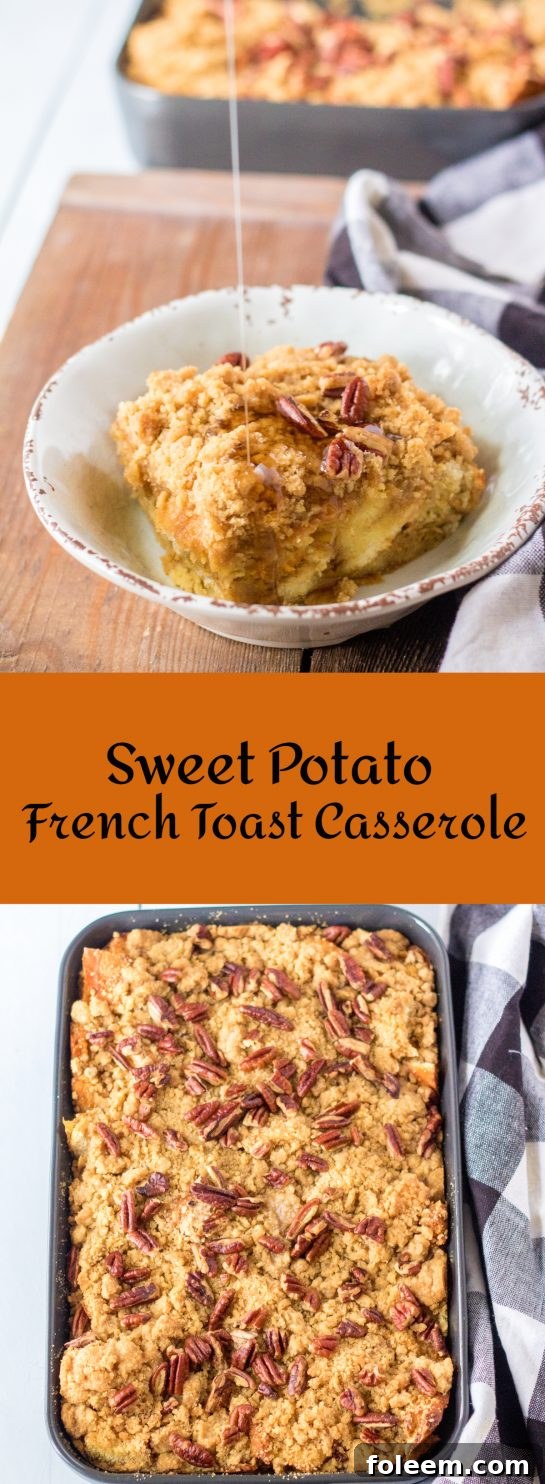 A beautifully arranged serving of Sweet Potato French Toast Casserole, showcasing its crumbly topping and moist interior, ready for a festive breakfast or brunch spread.