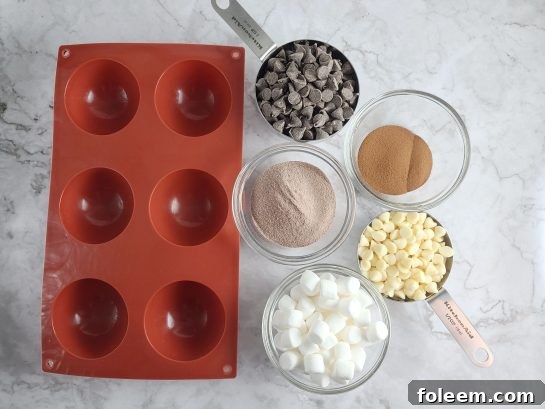 Ingredients laid out for making Mocha Hot Chocolate Bombs recipe, including chocolate chips, cocoa mix, instant coffee, and marshmallows.