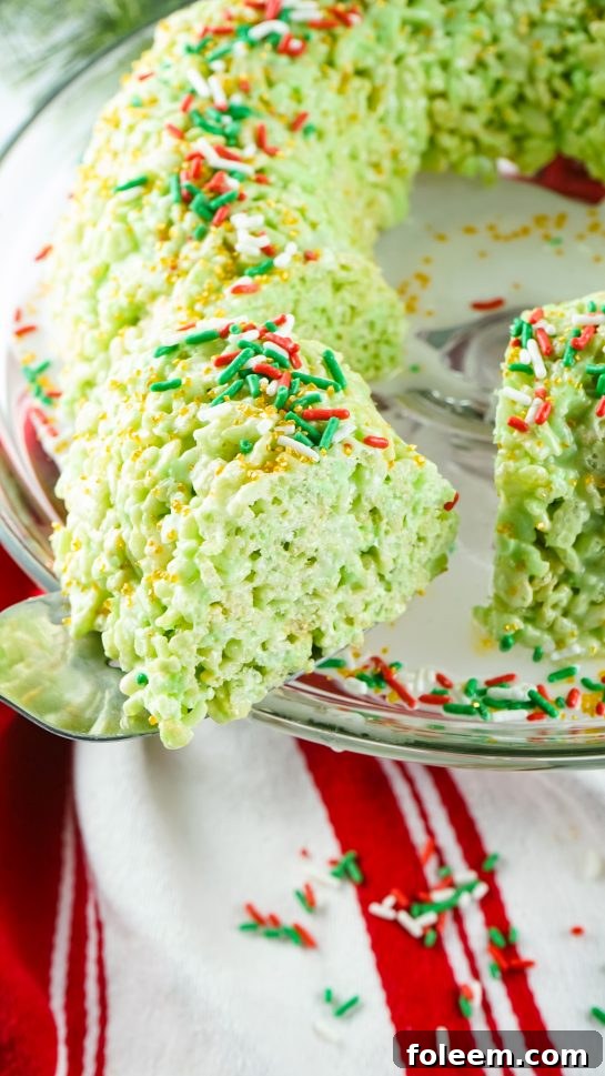 Delicious green Rice Krispies Treats Wreath Cake with colorful sprinkles
