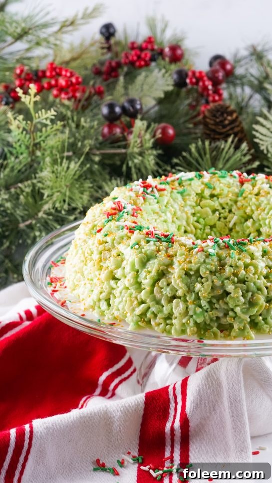 The impressive finished Rice Krispies Treats Wreath Cake dessert