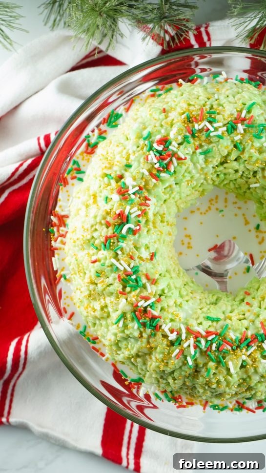 Overhead shot of the beautiful Rice Krispies Treats Wreath Cake on a serving platter