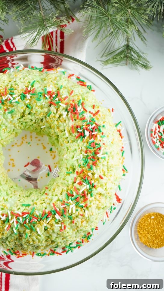 Beautifully decorated Rice Krispies Treats Wreath Cake for Christmas gatherings