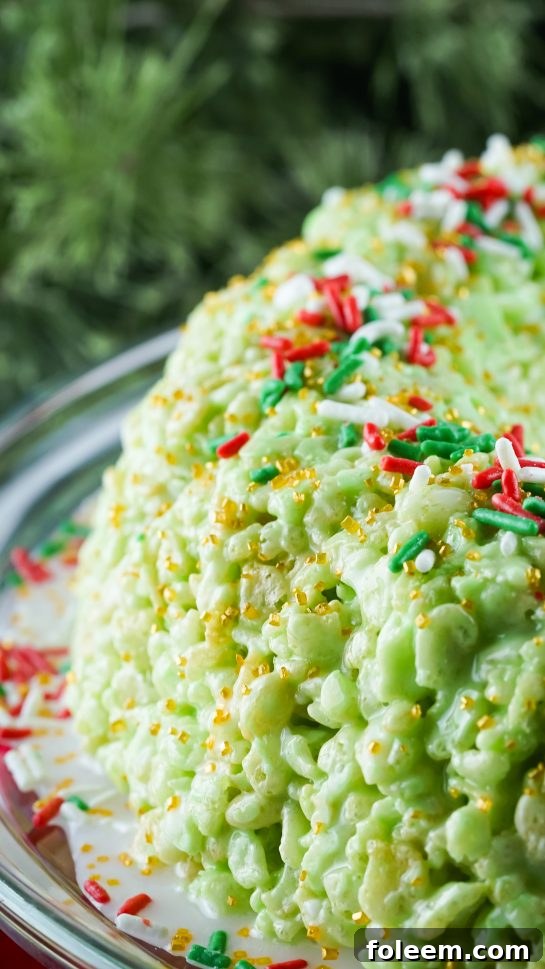 Close-up view of the festive Rice Krispies Treats Wreath Cake texture