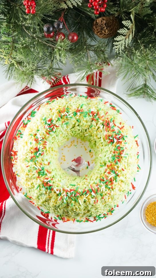 Overhead shot of the finished Rice Krispies Treats Wreath Cake, ready to serve