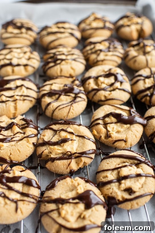 We are finished drizzling the chocolate ganache for the Peanut Butter Thumbprint Cookies recipe 