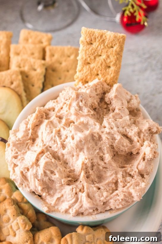 Photo of finished dip the graham crackers for the Cinnamon Roll Dip recipe for Christmas