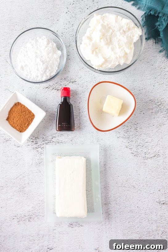 Ingredients needed to make this easy Cinnamon Roll Dip recipe