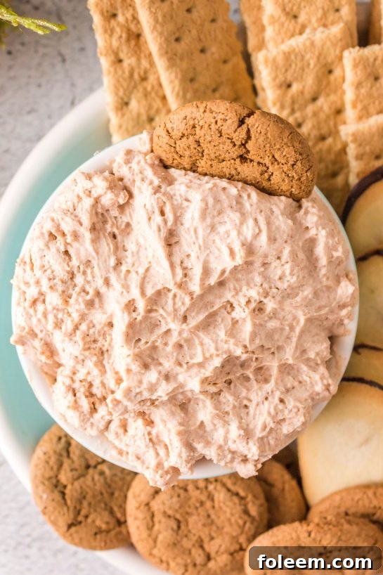 Overhead photo of Cinnamon Roll Dip recipe for Christmas