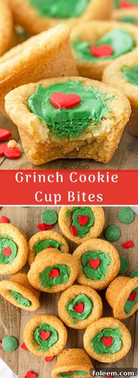 Grinch Cookie Cup Bites recipe card photo, showing the green cookie with a red heart.