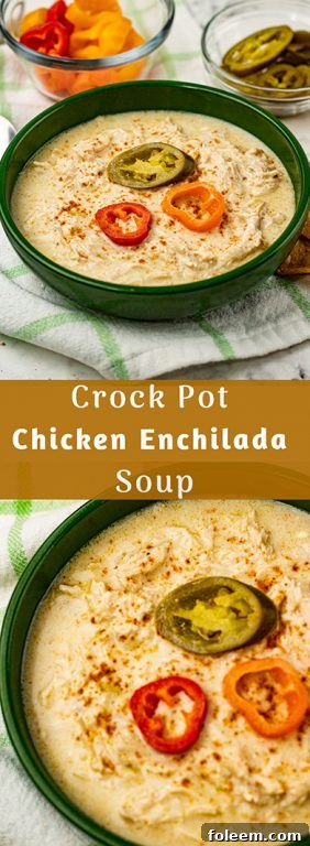 Crock Pot Green Chili Chicken Enchilada Soup recipe is a fiesta of flavors full of chunks of chicken, green enchilada sauce, and salsa verde, for a satisfying and comforting bowl of soup!