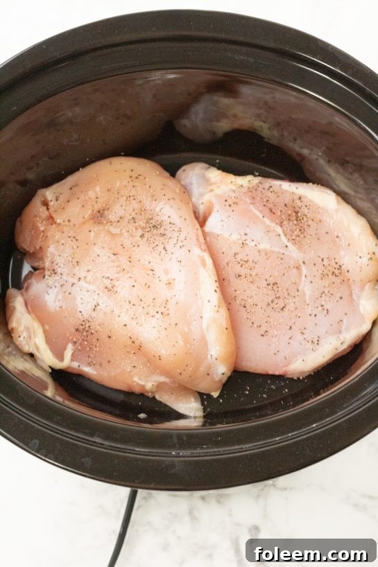 Chicken placed in slow cooker for Crock Pot Green Chili Chicken Enchilada Soup