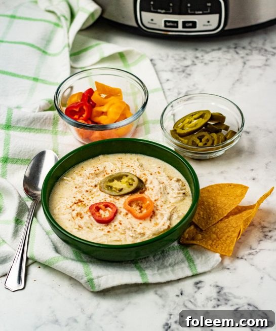 Crock Pot Green Chili Chicken Enchilada Soup recipe is a fiesta of flavors full of chunks of shredded chicken, green enchilada sauce, salsa verde, for a complete satisfying and comforting bowl of soup!
