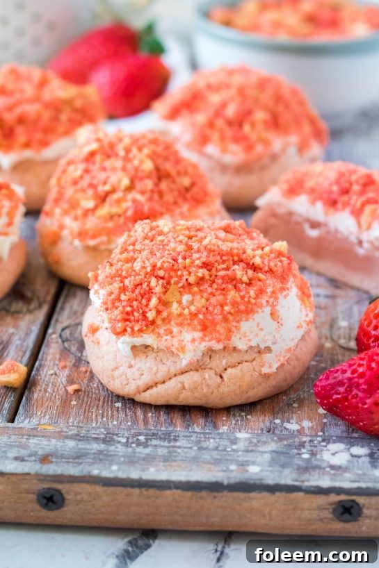 Delicious Strawberry Crunch Cookies with homemade crunch topping, perfect for a sweet indulgence.