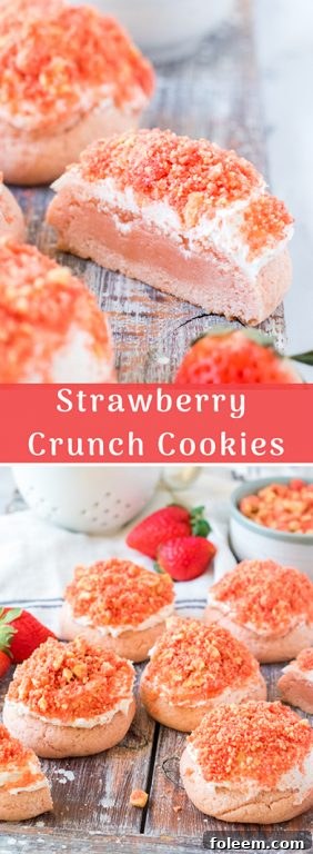 This easy recipe for soft Strawberry Crunch Cookies tastes exactly like those strawberry sundae crunch ice cream bars you ate as a kid! These cookies are perfect for Valentine's Day, baby showers, and spring!