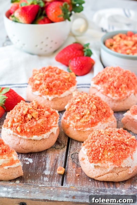Soft and chewy Strawberry Crunch Cookies with homemade topping, ideal for springtime events and sweet gatherings.