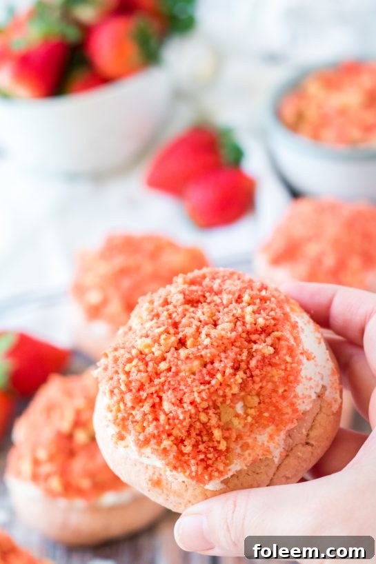 Close-up shot of a frosted Strawberry Crunch Cookie with delicious strawberry crunch topping.