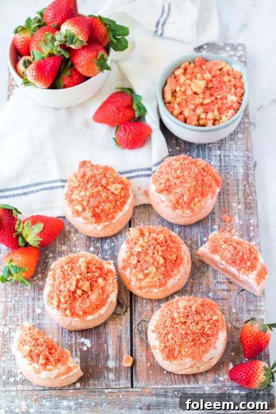 Overhead shot of Strawberry Crunch Cookies arranged on a serving plate, decorated with frosting and crunchy bits.