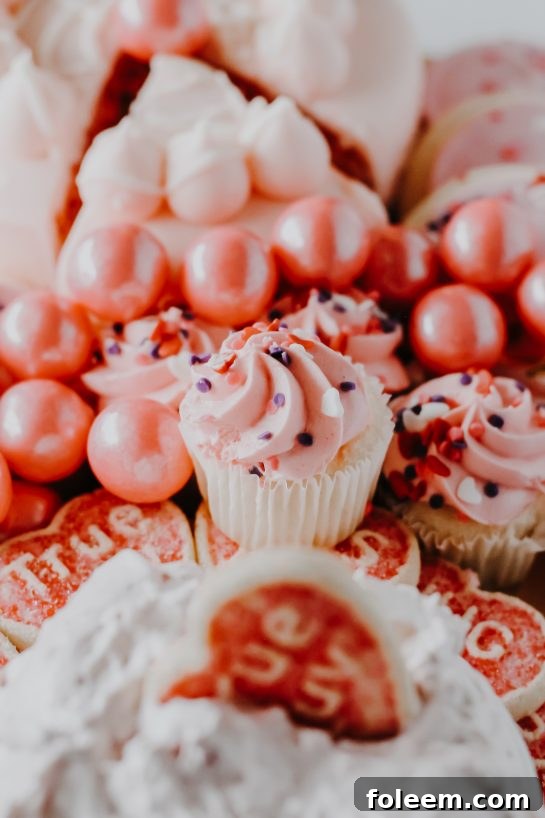 Overhead shot of Strawberry Cake Mix Dip in a stylish bowl, presented with an assortment of pink-themed cookies and candies