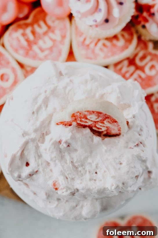 Overhead perspective of the creamy Strawberry Cake Mix Dip, highlighting its smooth texture and inviting presentation