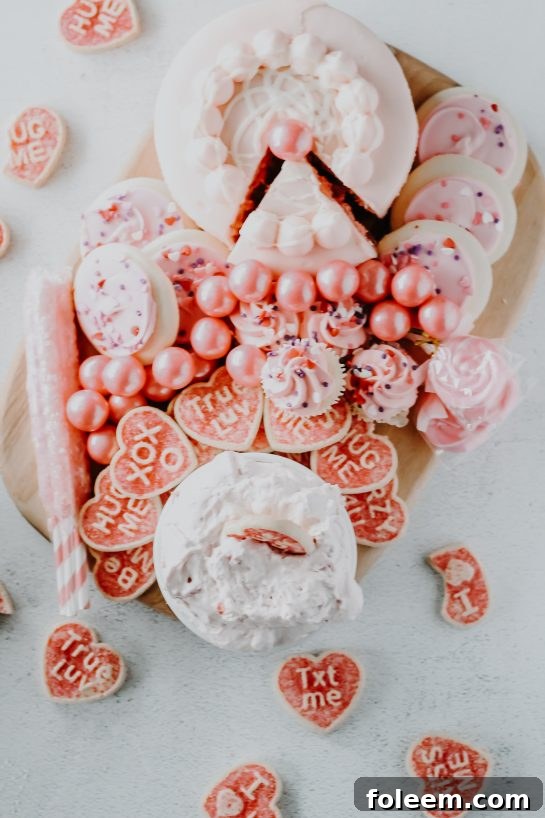 Strawberry Cake Mix Dip presented for Valentine's Day, surrounded by heart-shaped cookies and romantic treats