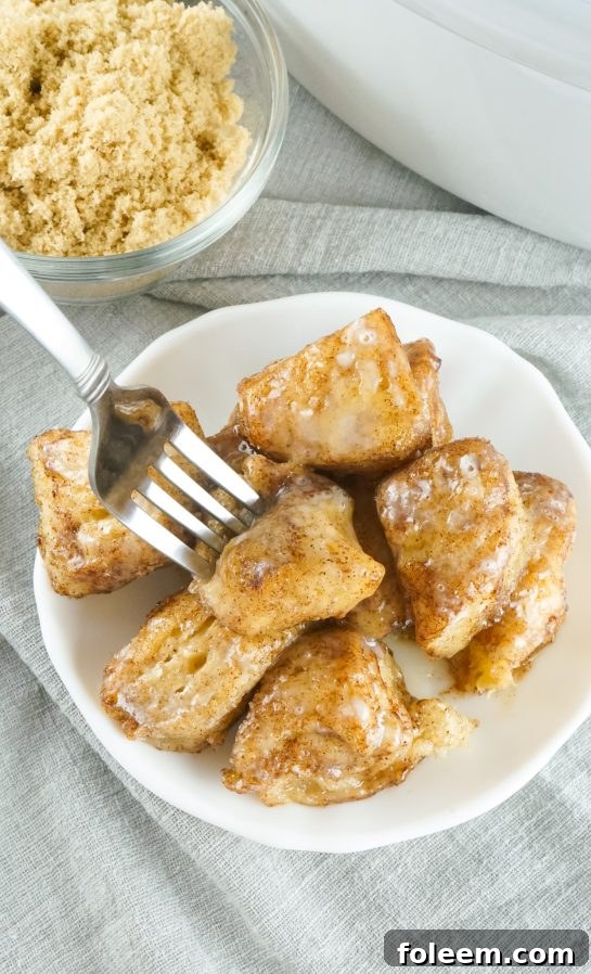 A serving of cinnamon-sugar crock pot monkey bread, highlighting its rich texture.