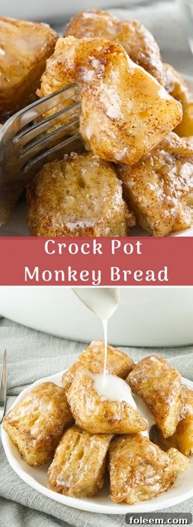 Vertical slice of Crock Pot Monkey Bread, showing its pull-apart layers and gooey center.