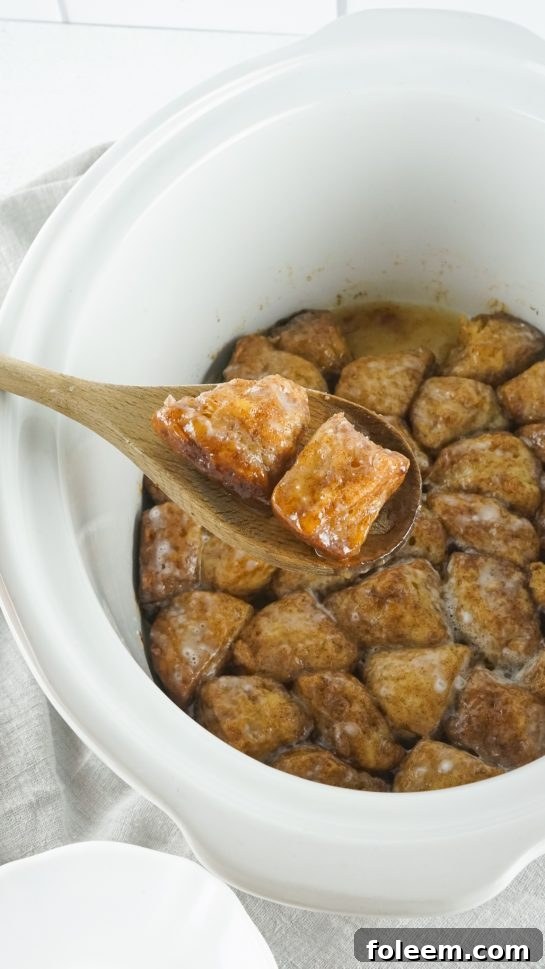 Finished Crock Pot Monkey Bread, warm and ready to be enjoyed straight from the slow cooker.