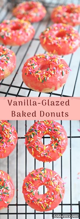 A simple yet enticing image of a single vanilla-glazed baked donut, highlighting its soft cakey texture and delicate frosting, ready to be enjoyed.