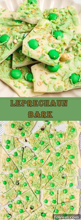 Close-up of the delicious and festive Leprechaun Bark candy, loaded with colorful and green toppings, ideal for a St. Patrick's Day dessert.