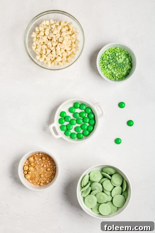 Ingredients laid out for the easy Leprechaun Bark recipe.