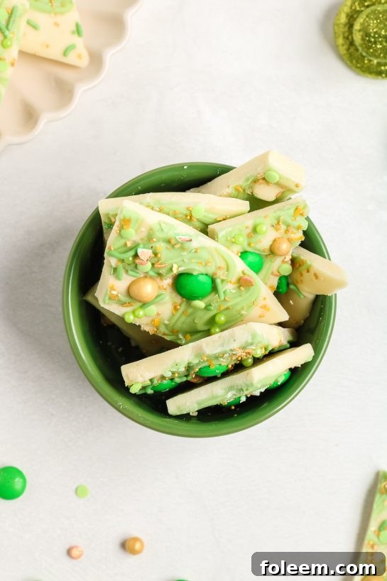 Overhead shot of the colorful and delicious Leprechaun Bark candy recipe, perfect for St. Patrick's Day festivities.