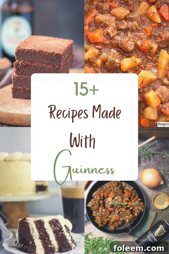 A celebratory spread of delicious food and drinks, featuring a prominent glass of Guinness and various dishes cooked with the stout, perfect for St. Patrick's Day gatherings.