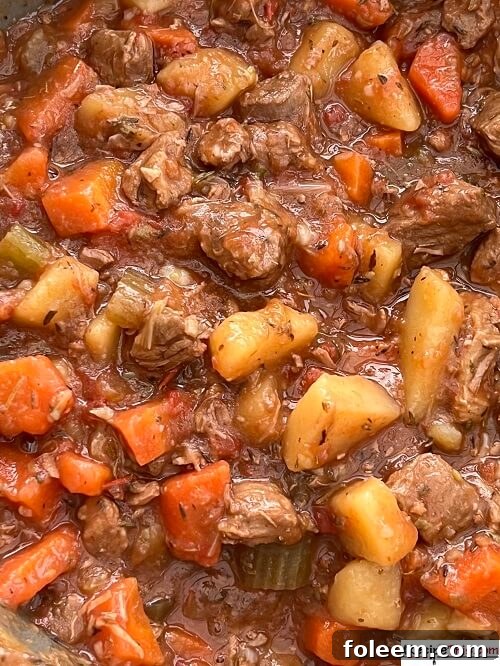 Slow Cooker Irish Lamb Stew with Guinness recipe, featuring tender lamb and vegetables in a savory broth.