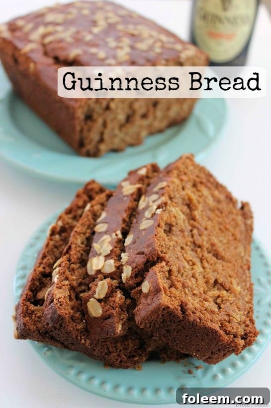 Guinness Bread recipe for St. Patrick's Day, a rustic loaf with a dark crust, sliced and ready to serve.