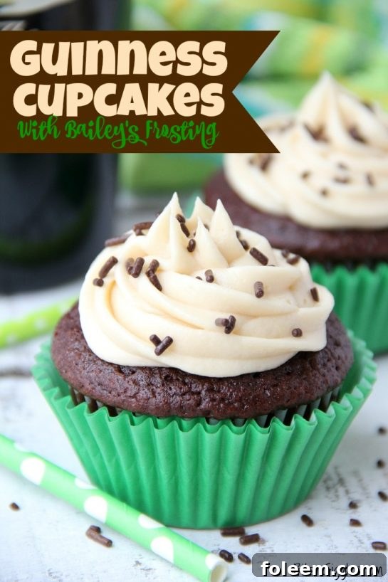 Guinness Cupcakes recipe with creamy Bailey's frosting, decorated for St. Patrick's Day.