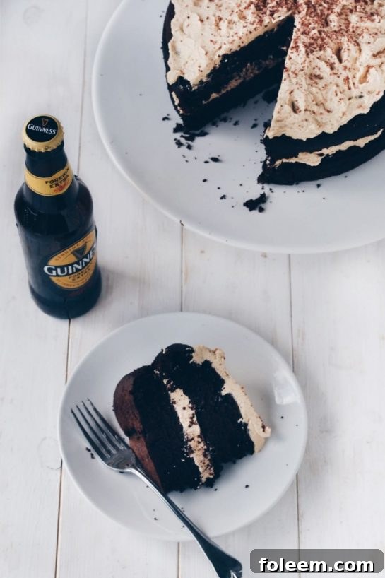 Vegan chocolate Irish cake recipe, a rich, dark chocolate cake topped with a creamy frosting.