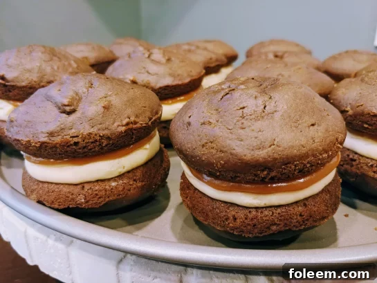 Chocolate Stout Guinness Whoopie Pies recipe, two soft chocolate cookies sandwiched with a creamy filling.