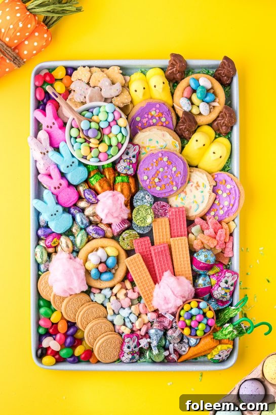 A beautifully arranged DIY Easter Charcuterie Board overflowing with colorful candies, cookies, and chocolate bunnies, perfect for spring festivities.