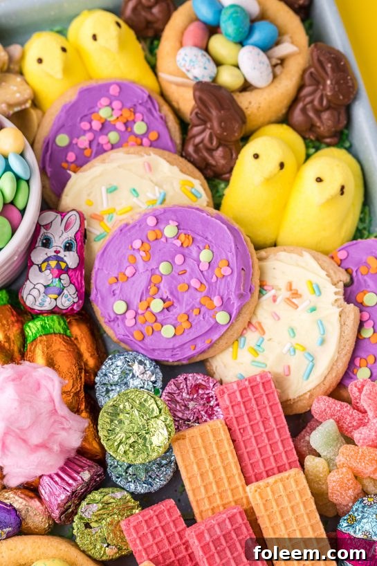 An inviting Easter charcuterie board with an abundance of colorful candies, chocolate bunnies, and decorated cookies, perfect for sharing.