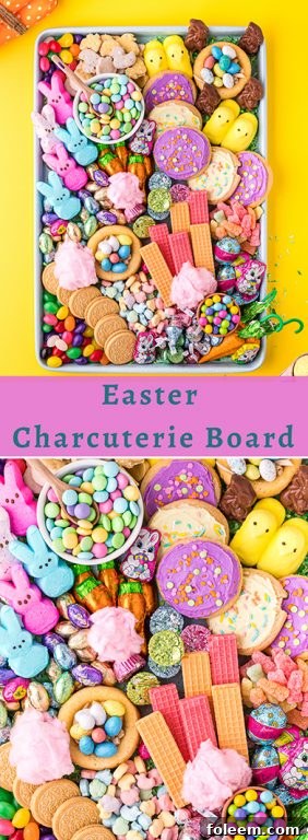 A festive Easter charcuterie board, abundant with various colorful sweets, chocolate bunnies, and decorated cookies, perfect for holiday entertaining.