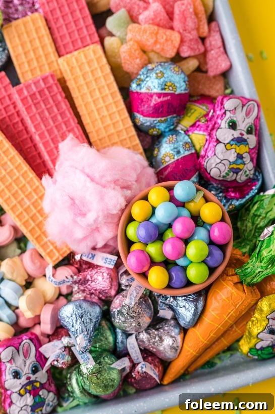 A vibrant Easter candy board with various sweets like jelly beans, M&M's, and chocolate eggs, promising a delightful snack experience for all ages.