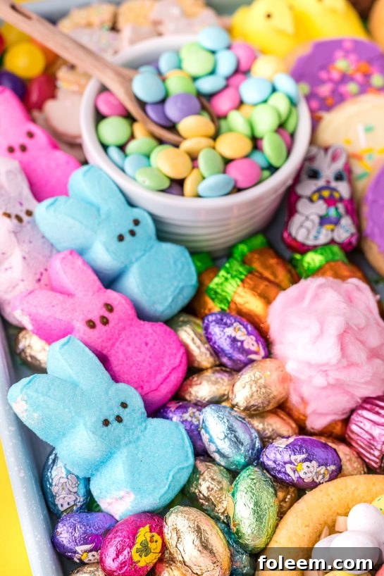 Close-up of an Easter charcuterie board showcasing chocolate bunnies, pastel M&M's, and decorative almond slices, highlighting the joyful edible landscape.
